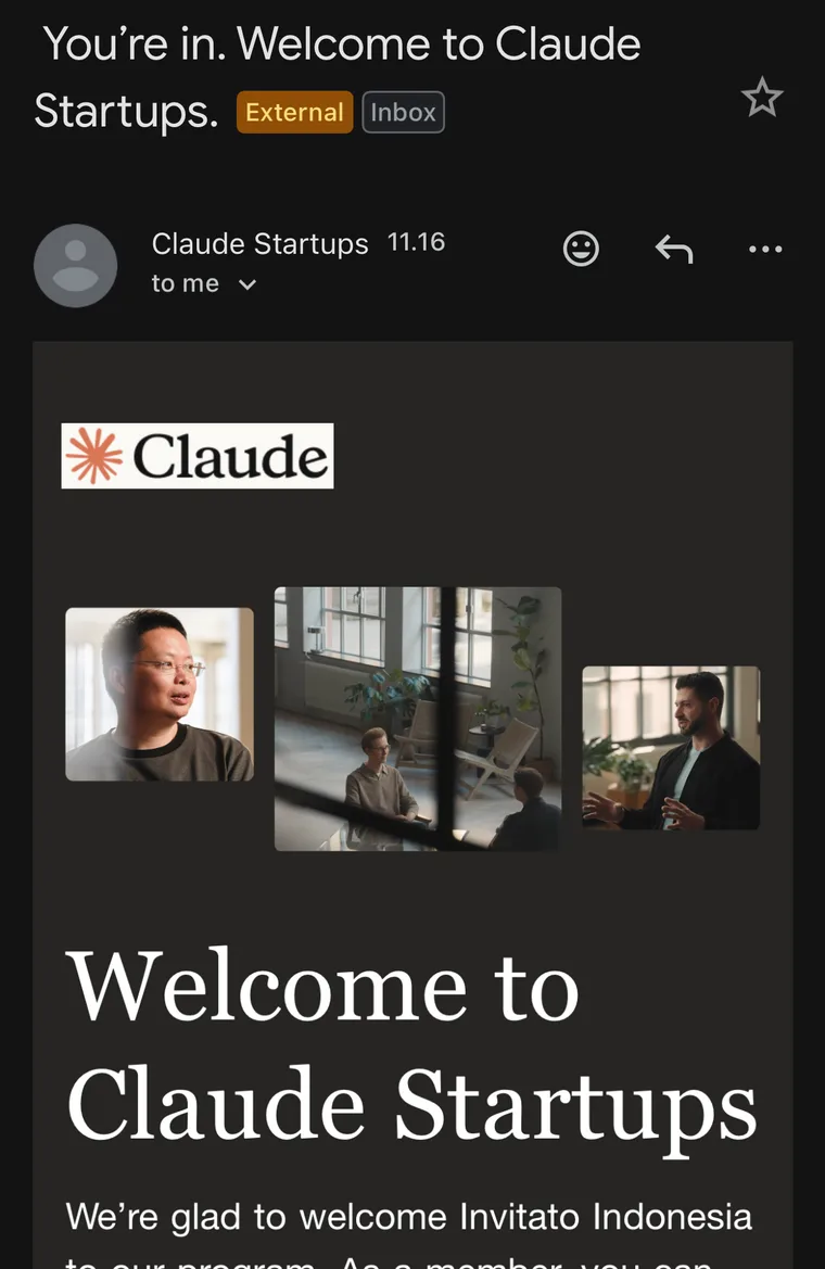 Email "You're in. Welcome to Claude Startups." untuk Invitato Indonesia
